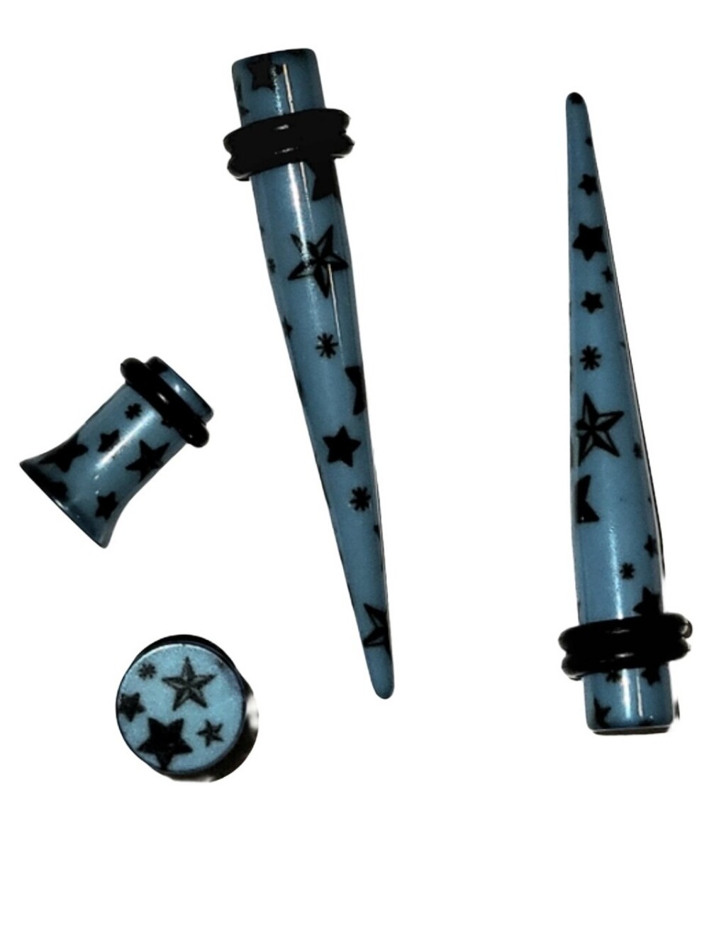 2G Tapers & Plugs Ear Gauge Set Blue w Black Stars & Orings Acrylic Body Jewelry